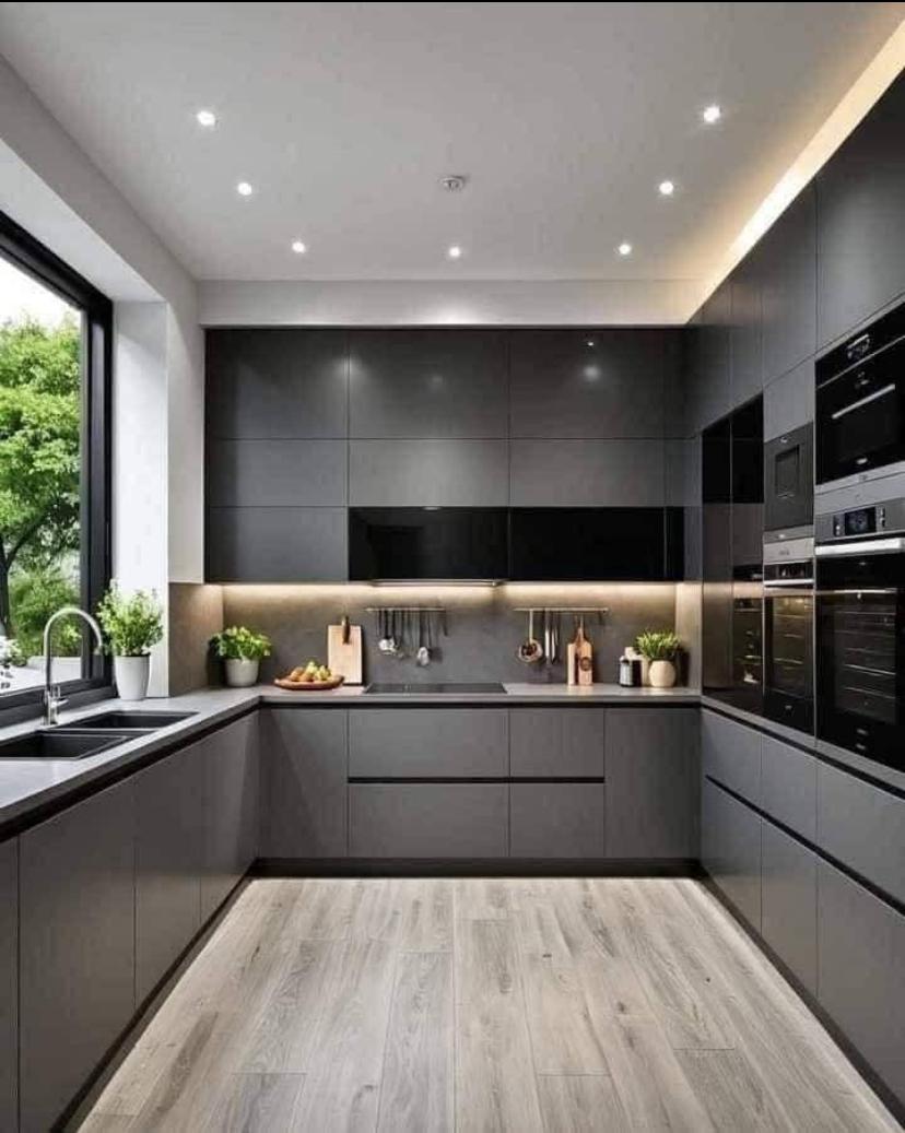 Modern matte-grey U-shape kitchen with garden window — Coastal Modern Concept, Palm Coast, FL