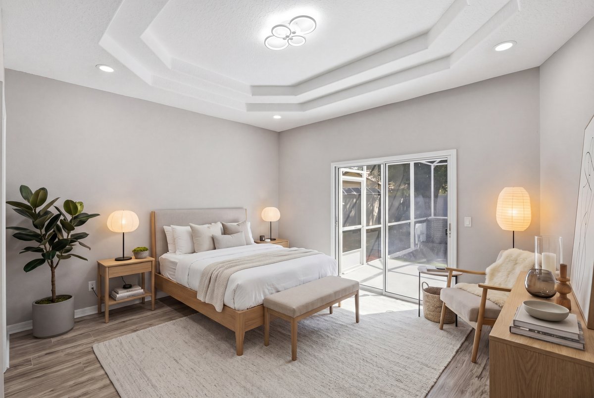 Primary bedroom with tray ceiling and sliding doors to the lanai — The Royal Palms House